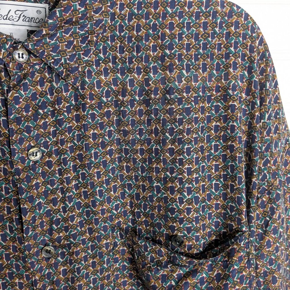 Cote De France 100% Silk Men's long sleeve shirt blue yellow green XL - Picture 5 of 6